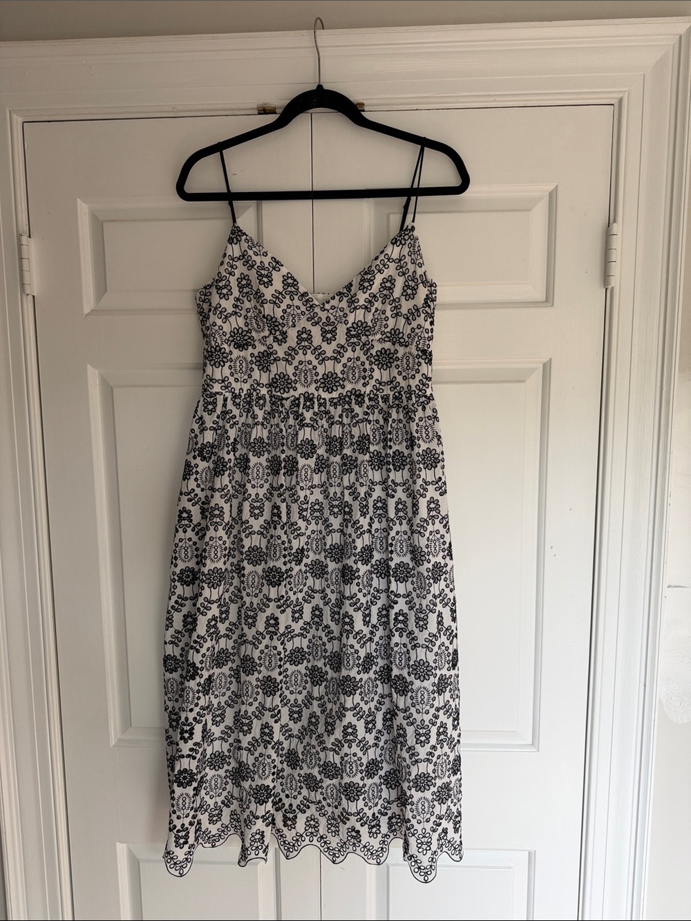 H&M White Dress with Black Floral Lace Eyelet Pattern, Midi Size 10